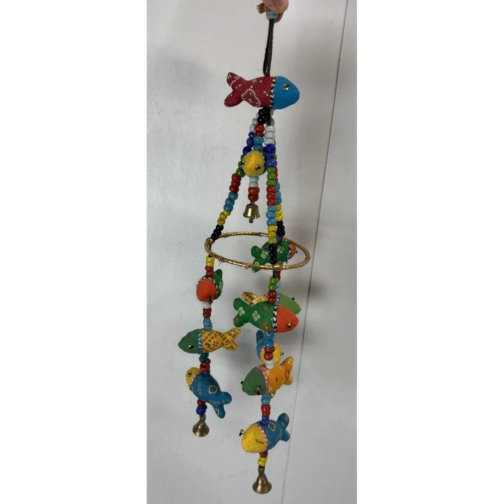 Whimsical Fabric Fish Mobile Wind chime Beaded Artistic Boho Bells